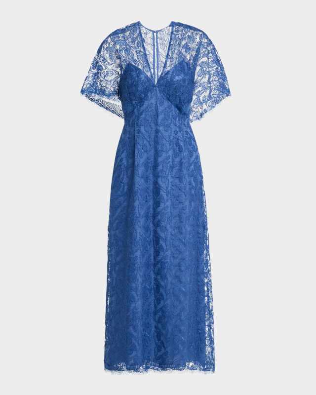 V-Neck Tulip Lace Cape-Sleeve Midi Dress
